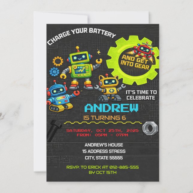 Convite de Aniversário de Robôs Personalizados (Frente)