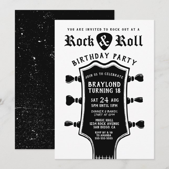 Convite de Aniversário de Rock N Roll com Guitarra (Frente/Verso)