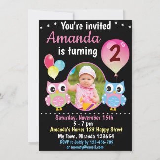 Convite de aniversário de rosa Blue Owl