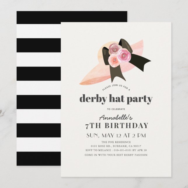 Convite de aniversário de Rosa de Hat Derby Rosa (Frente/Verso)