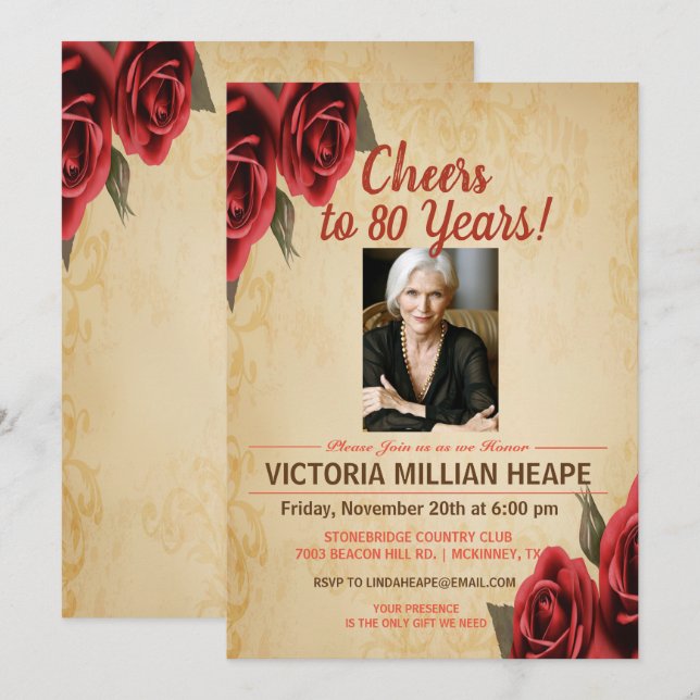 Convite de aniversário de Rosa Vintage para QUALQU (Frente/Verso)