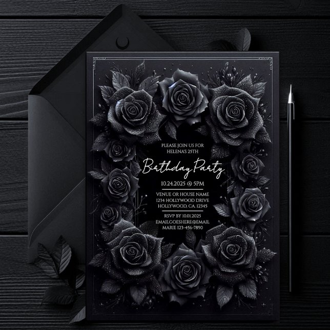 Convite de Aniversário de Rosas Pretas Góticas Ele (all black affair dark gothic vampy vampire halloween iorthday party invitation, moody witchy invite.)