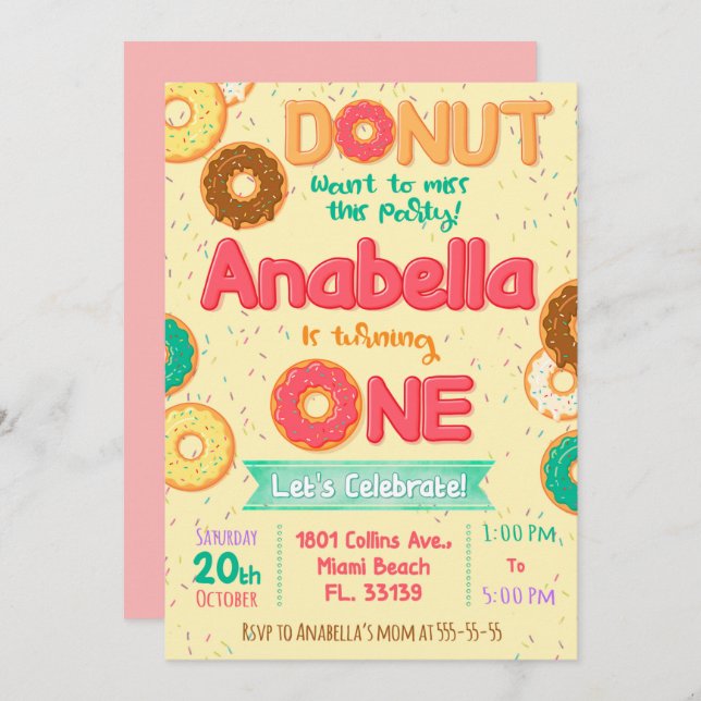 Convite de aniversário de Rosquinha, festa de Rosq (Frente/Verso)