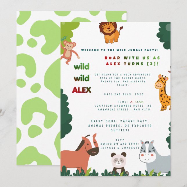 Convite de Aniversário de Safari da Selva Fofo | E (Frente/Verso)
