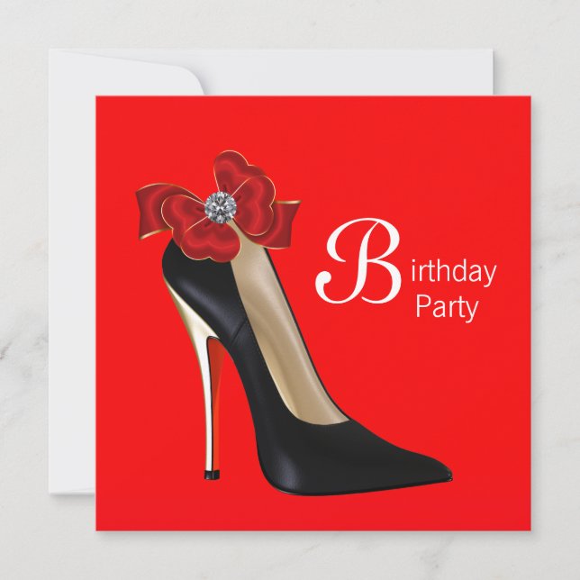 Convite de Aniversário de Sapato Vermelho Preto de (Frente)