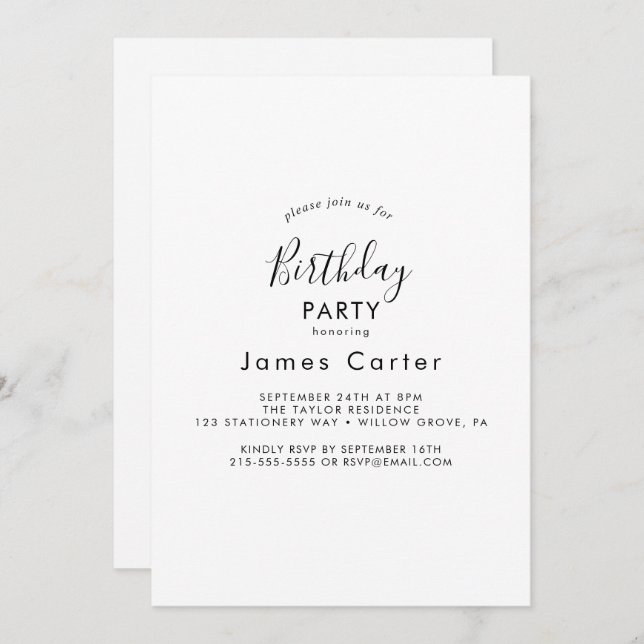 Convite de aniversário de Script Moderno Sleek (Frente/Verso)