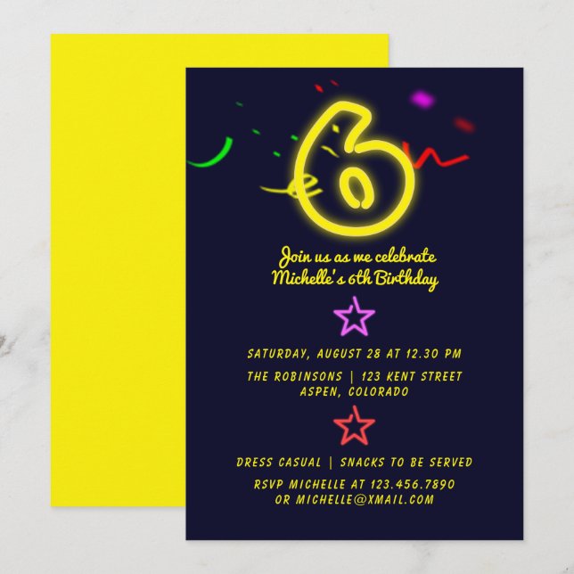 Convite de Aniversário de Seis Anos com Letreiro d (Frente/Verso)