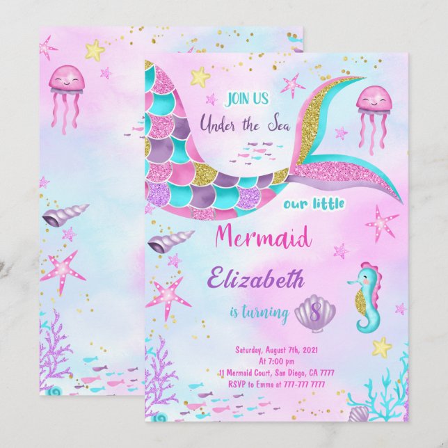 Convite de Aniversário de Sereia (Frente/Verso)