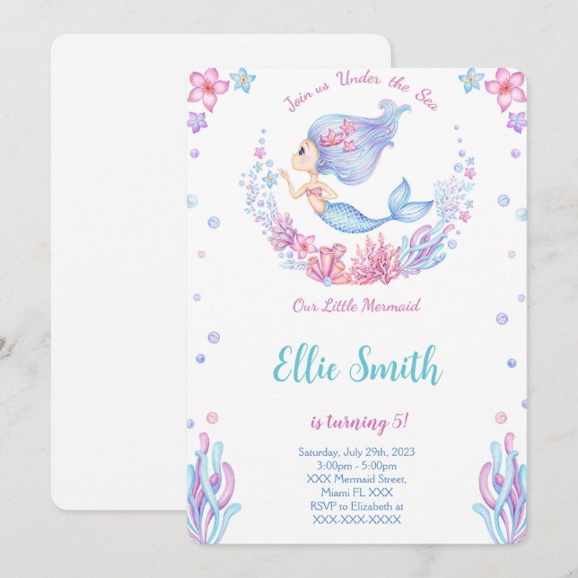 Convite de Aniversário de Sereia (Frente/Verso)