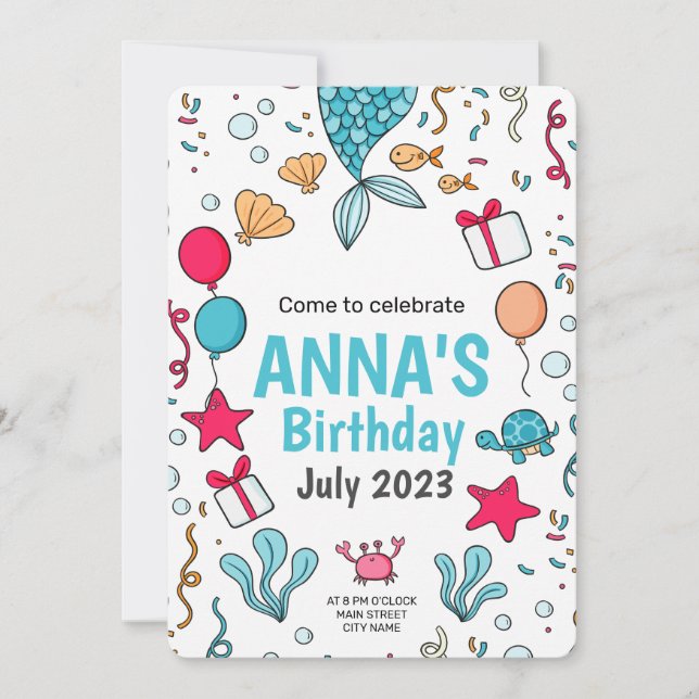 Convite de aniversário de sereia, Aniversário deba (Frente)