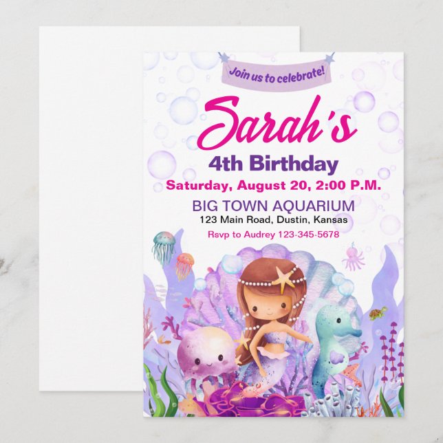 Convite de aniversário de Sereia Cuta e Colorfu (Frente/Verso)