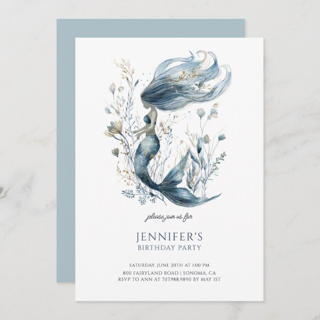 Convite de aniversário de Sereia da Menina (Frente/Verso)