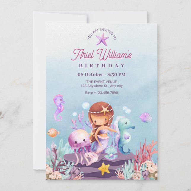 Convite de aniversário de sereia debaixo do mar (Frente)