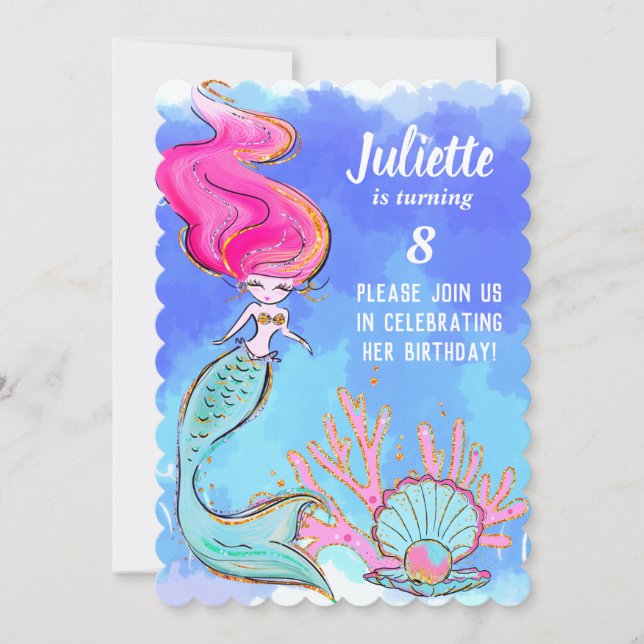 Convite de Aniversário de Sereia e Marisco Pérola (Frente)