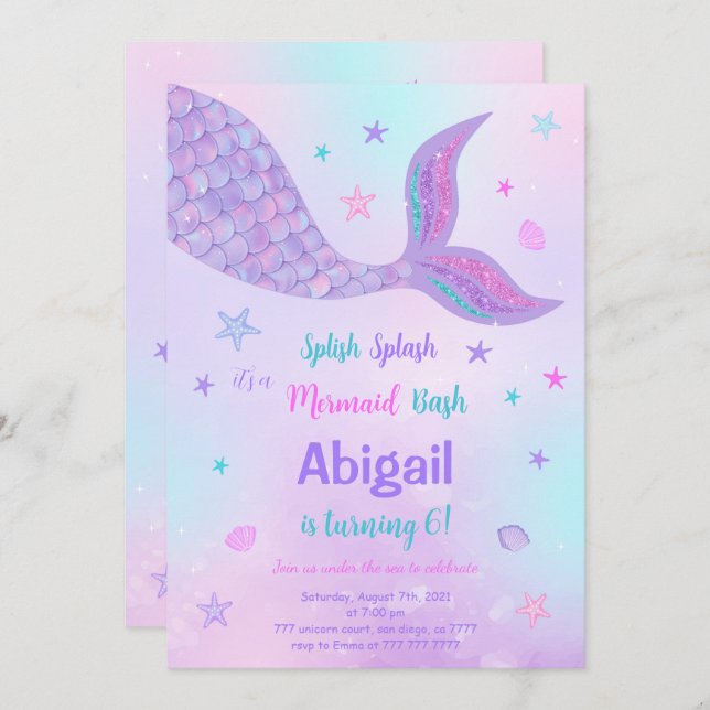 Convite de Aniversário de Sereia Editável (Frente/Verso)