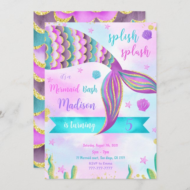 Convite de Aniversário de Sereia Espalhe e Chapinh (Frente/Verso)