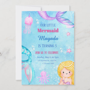 Convite de Aniversário de Sereia Modelo Editável