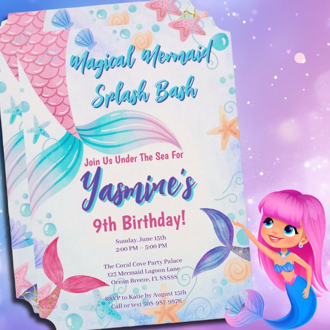 Convite de Aniversário de Sereia Pastel Watercolor (Mermaid Birthday Invite)