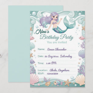 Convite de Aniversário de Sereia Personalizado 