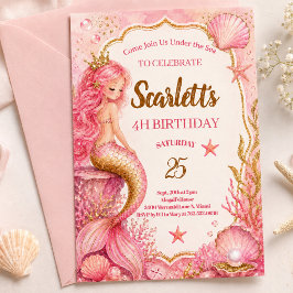 Convite de Aniversário de Sereia Rosa e Dourado