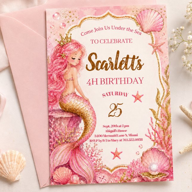 Convite de Aniversário de Sereia Rosa e Dourado (Criador carregado)