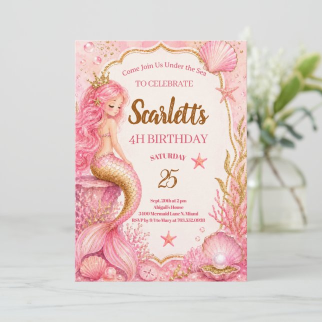 Convite de Aniversário de Sereia Rosa e Dourado (Em pé/Frente)