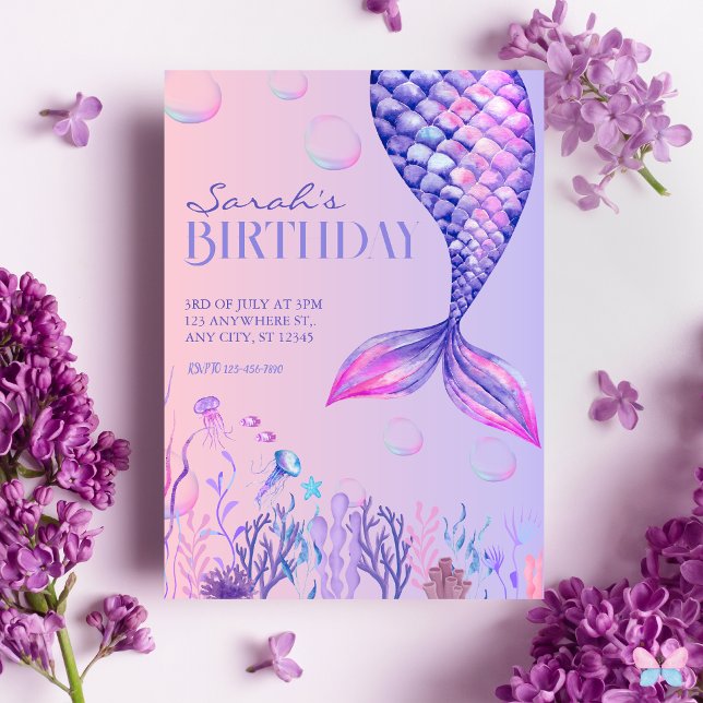 Convite de Aniversário de Sereia Roxa (Make a splash with this enchanting Mermaid Invitation! 🧜‍♀️✨ )