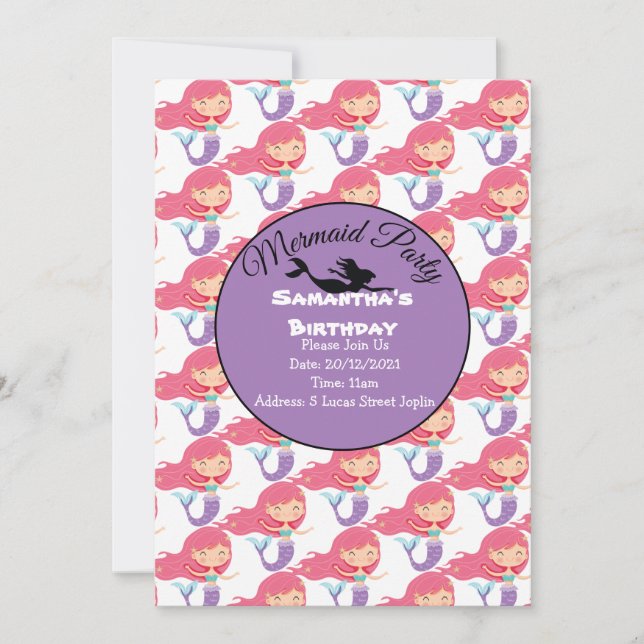 Convite de Aniversário de Sereia Roxa (Frente)