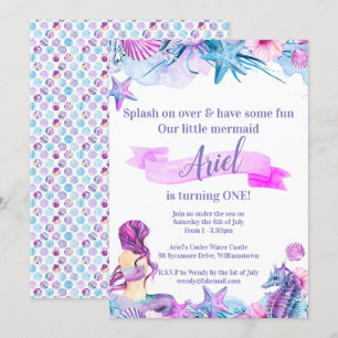 Convite de Aniversário de Sereia Roxo, Azul e Ros