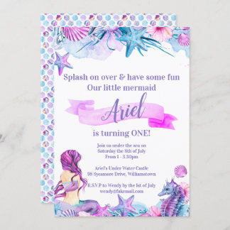 Convite de Aniversário de Sereia Roxo, Azul e Rosa