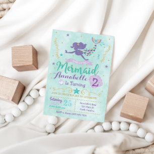 Convite de aniversário de Sereia Roxo Teal Dourad