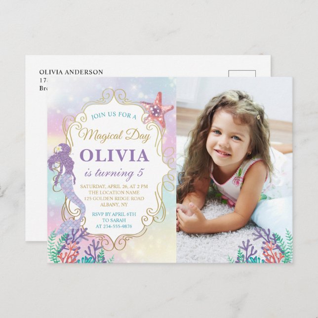 Convite de Aniversário de Sereia Sob o Mar com Fot (Frente/Verso)