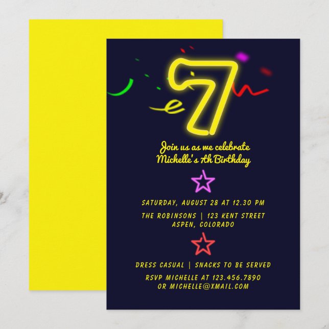 Convite de Aniversário de Sete Anos com Letreiro d (Frente/Verso)