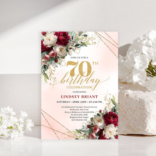 Convite de Aniversário de Setenta Anos Floral Dour (Formal Gold Floral Seventieth Birthday Invitation)