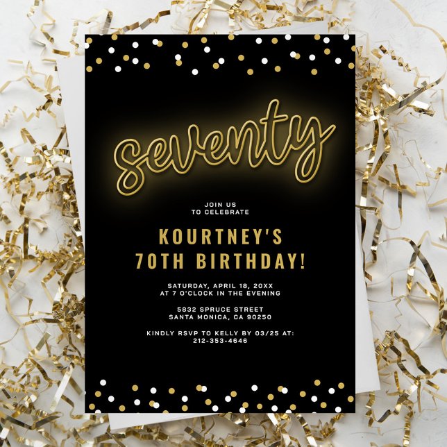 Convite de Aniversário de Setenta Neon Dourado (Criador carregado)