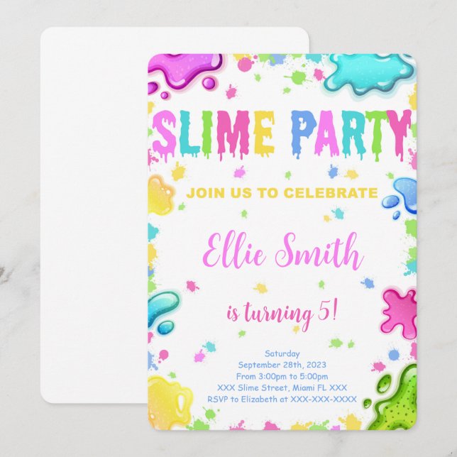 Convite de Aniversário de Slime Editável (Frente/Verso)