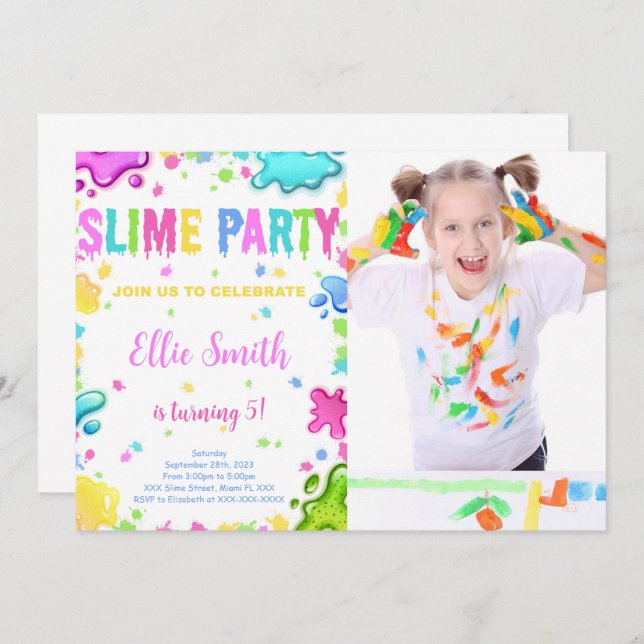 Convite de Aniversário de Slime Editável Com Foto (Frente/Verso)