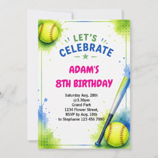 Convite de Aniversário de Softball Tema Aquarela