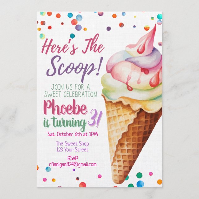 Convite de Aniversário de Sorvete The Scoop (Frente)