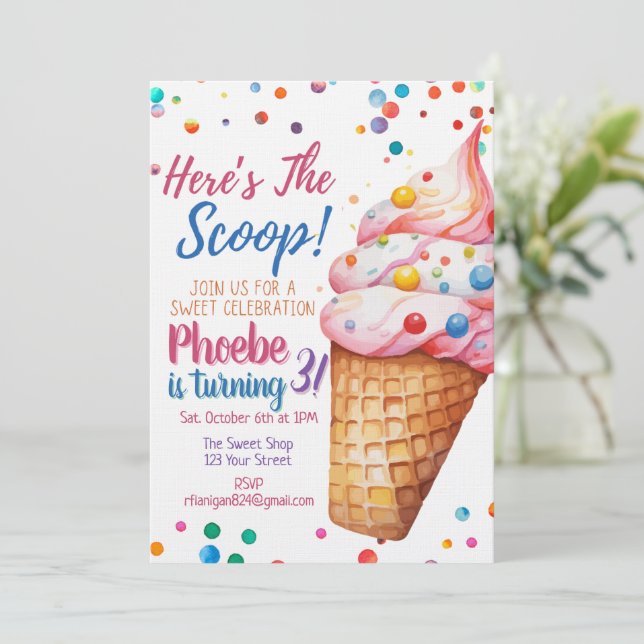 Convite de Aniversário de Sorvete The Scoop (Em pé/Frente)