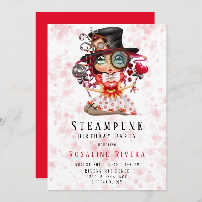 Convite de aniversário de Steampunk Preten Girl (Frente/Verso)