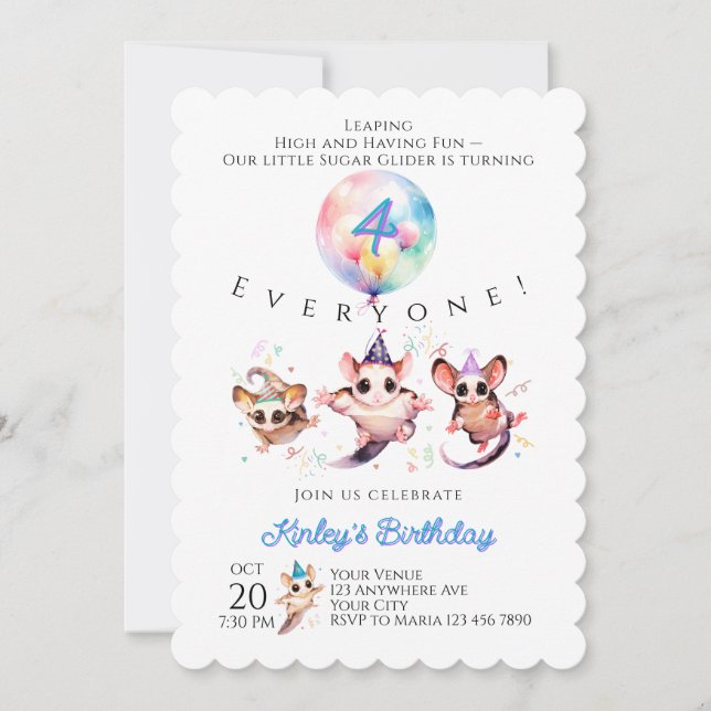 Convite de Aniversário de Sugar Glider (Frente)