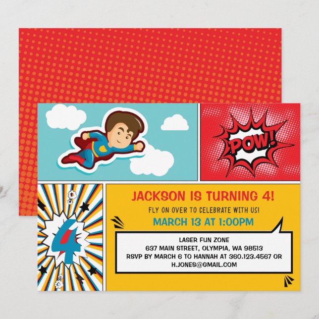 Convite de aniversário de Super-Herói - Cores de M (Frente/Verso)