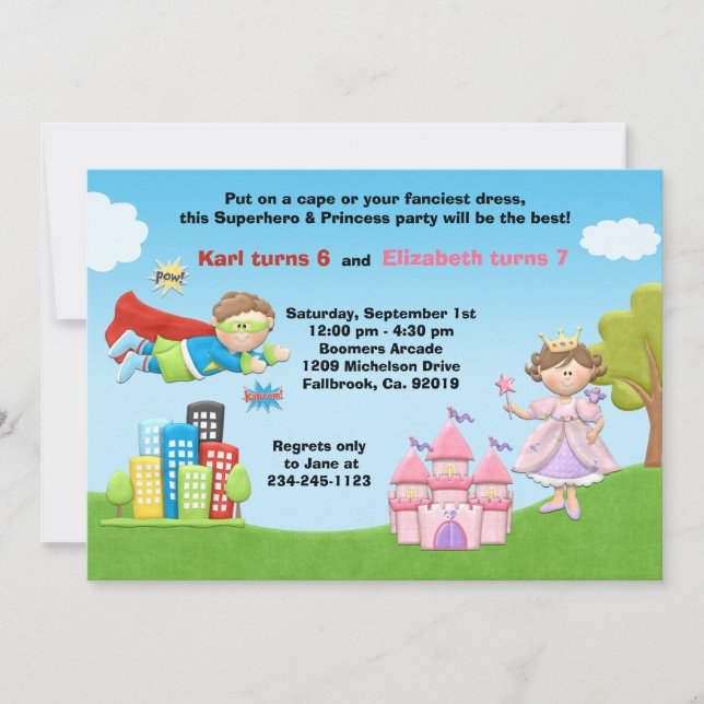 Convite de Aniversário de Super-Herói e Princesa (Frente)