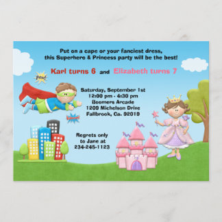 Convite de Aniversário de Super-Herói e Princesa