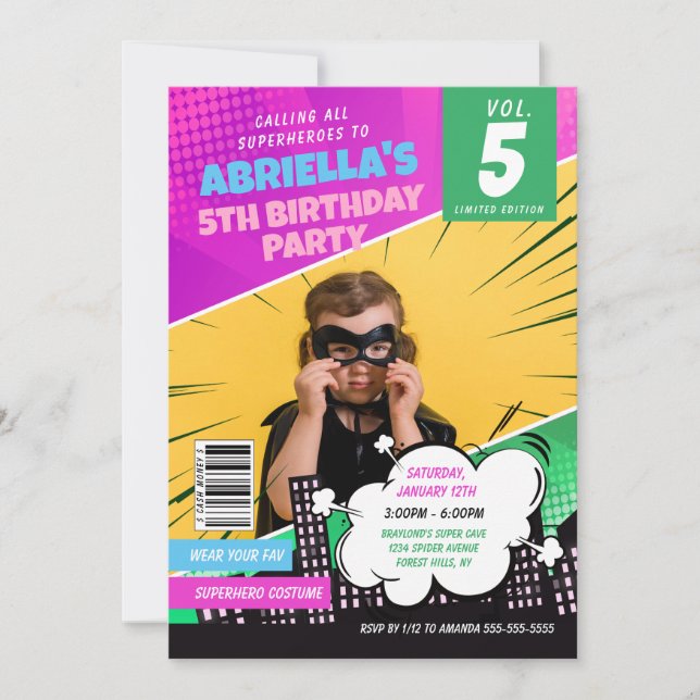 Convite de Aniversário de Super-Heroína de Quadrin (Frente)