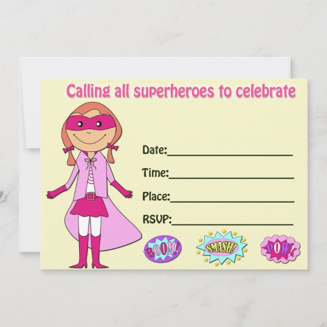 Convite de aniversário de super-heroína para preen (Frente)