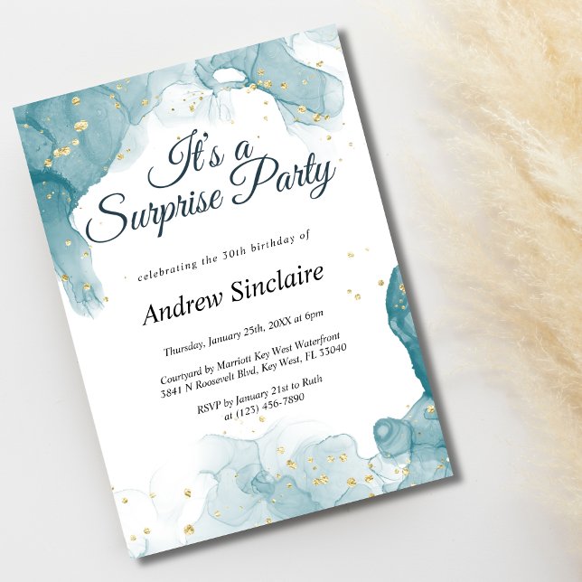 Convite de aniversário de Surpresa Dourada e Teal (Criador carregado)