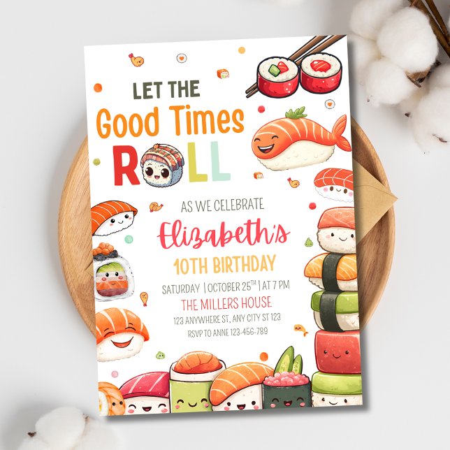 Convite de Aniversário de Sushi Kawaii Comida Japo (Criador carregado)