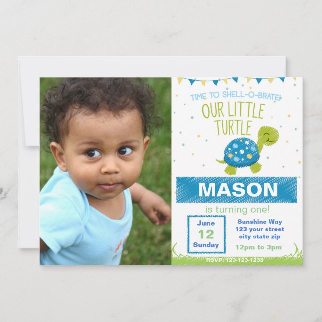 Convite de Aniversário de Tartaruga Azul com Foto (Frente)